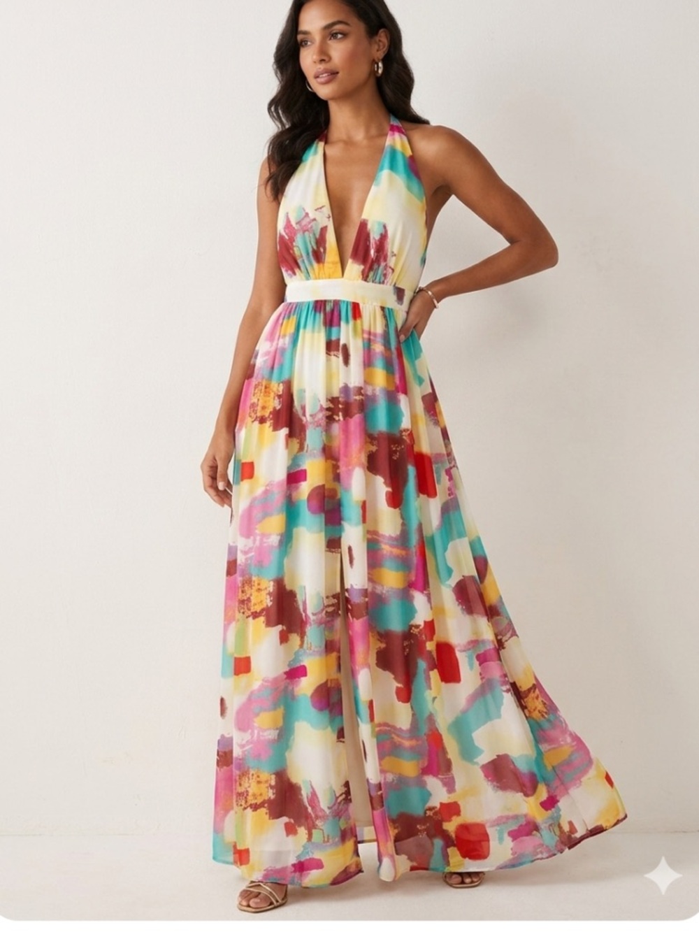 FSL Halter Maxi Dress in Multicolor Abstract Print SIZE MEDIUM NWOT